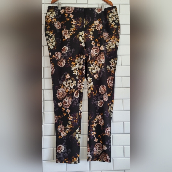Nina Leonard Pants - NINA LEONARD Ladies Black Floral Knit Pants Straight Leg Hidden Elastic Waistban